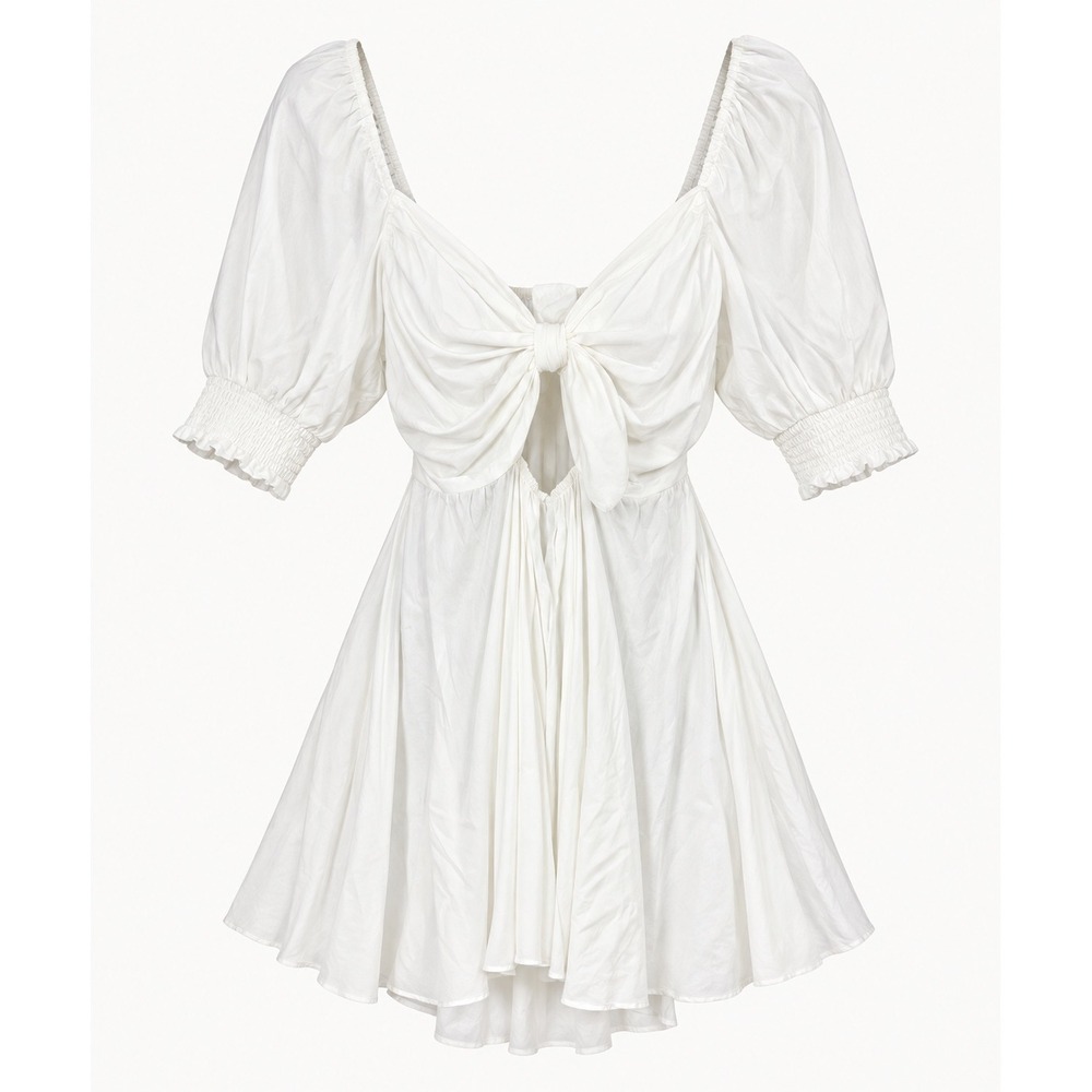 MISA Los Angeles Poppy Dress Tie Front Cutout Puff Sleeve White Mini XS NWT